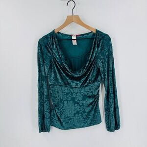 Vintage Y2K Tapemeasure Teal Velvet Floral Burnout Cowl Neck Long Sleeve Top XS